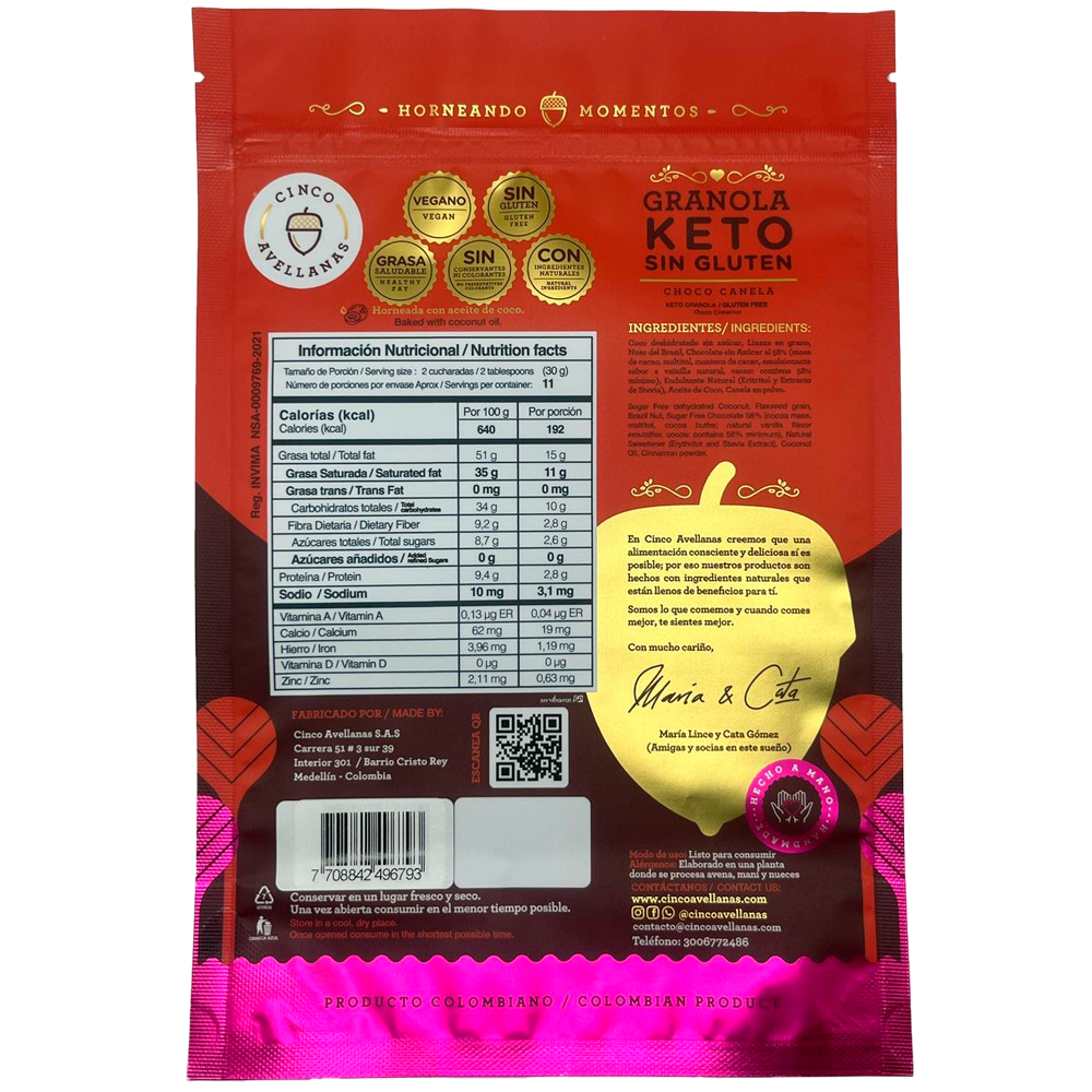 Granola keto choco canela Cinco avellanas