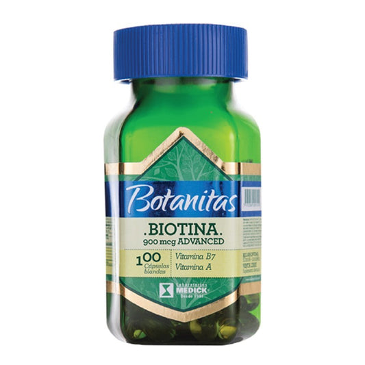 Biotina Botanitas 100 cápsulas, suplemento que contribuye al cuidado del cabello, piel y uñas, apoyando la producción natural de energía.