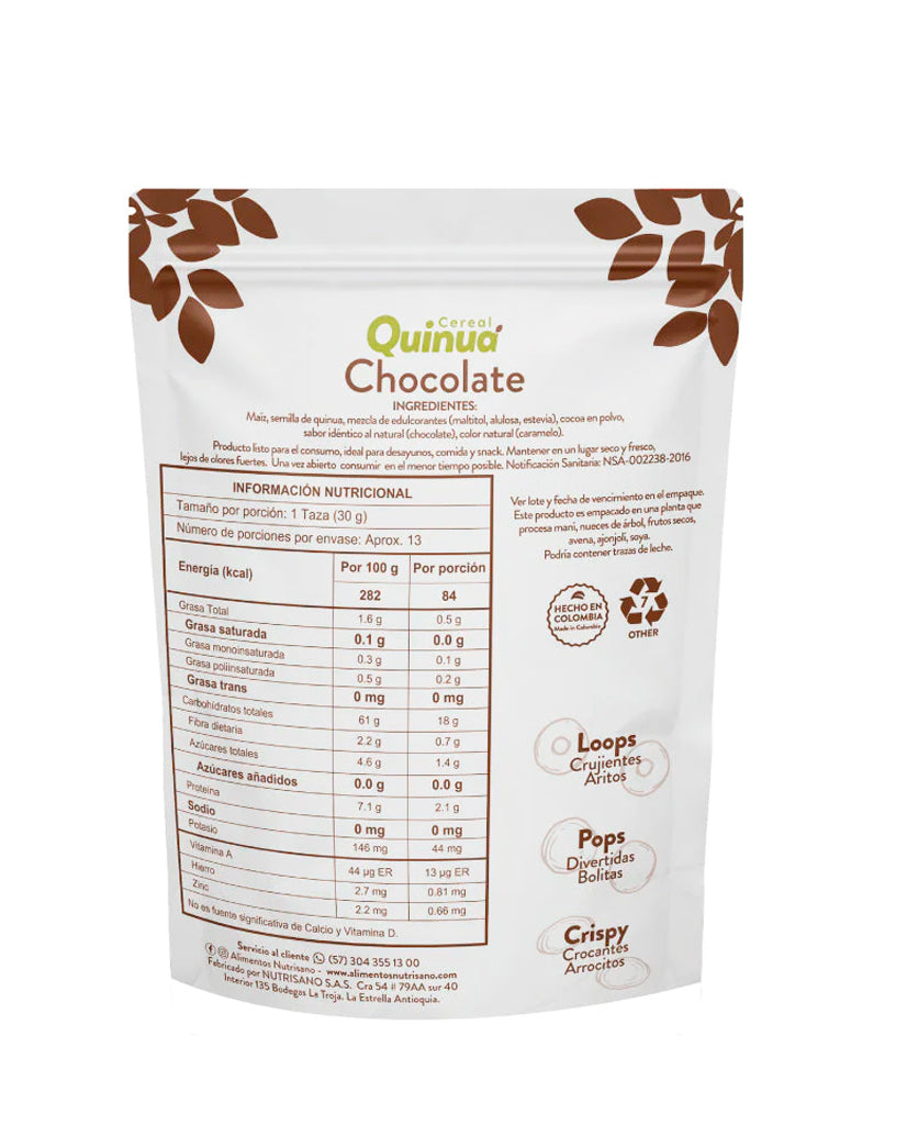 Cereal quinua pops chocolate Nutrisano 400 gr