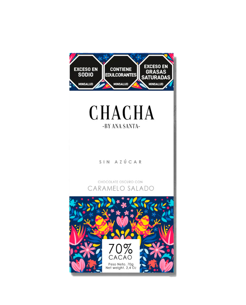 Chocolate oscuro con caramelo salado 70% cacao Chacha 70 gr