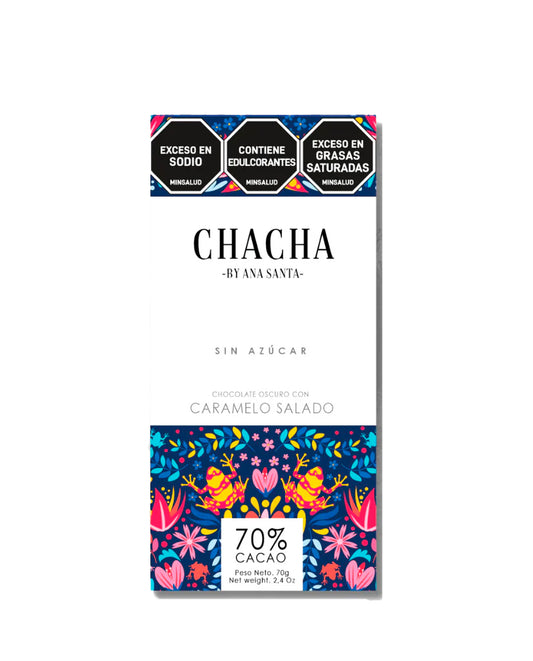 Chocolate oscuro con caramelo salado 70% cacao Chacha 70 gr