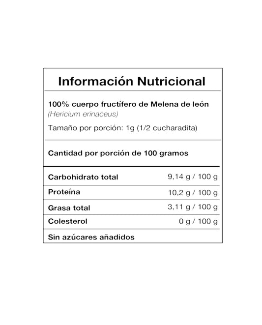 Información nutricional Extracto de Melena de León 60 gr