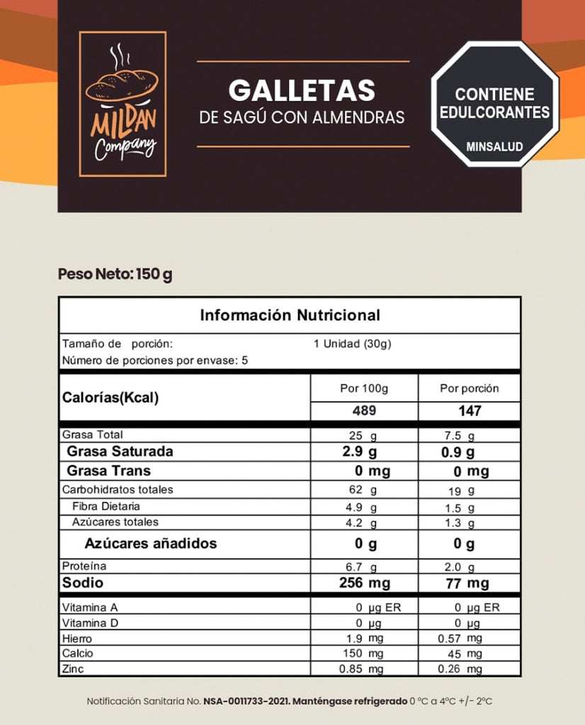 Galletas de sagú con almendra artesanales Mildan 150 gr Sin Gluten