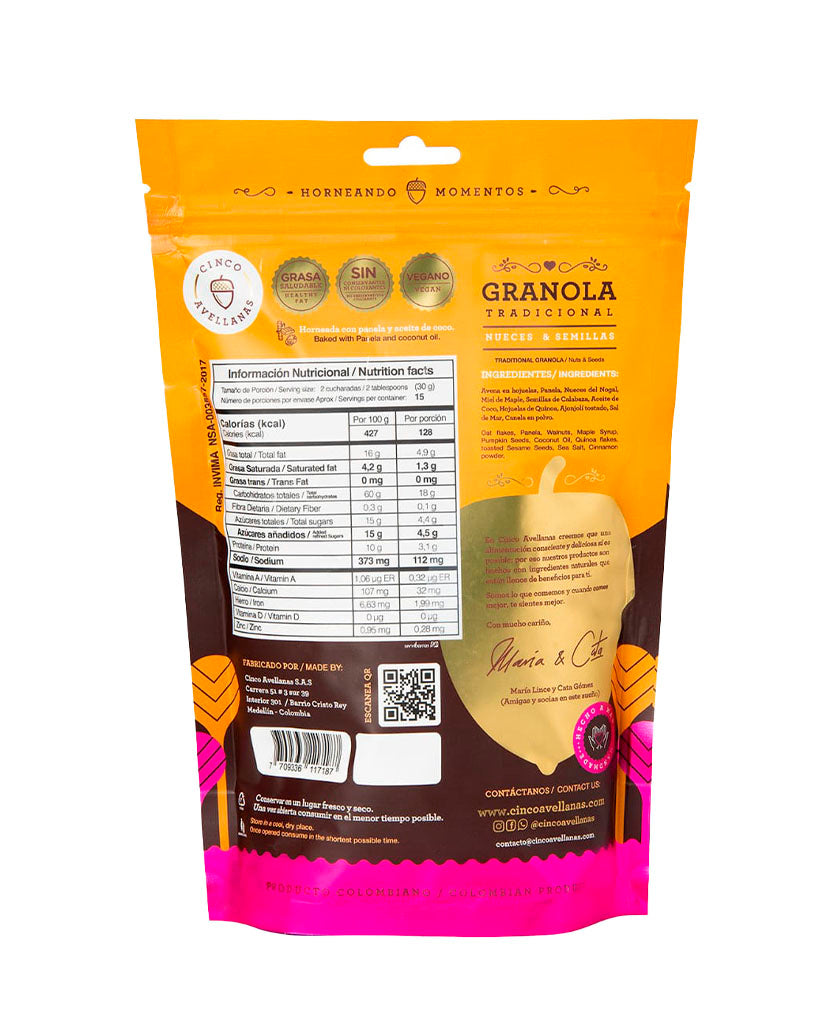 Granola nueces y semillas Cinco avellanas 450 gr Sin Gluten