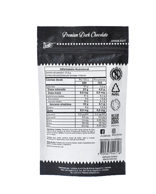 Nibs de cacao recubiertos con chocolate Lok 75 gr