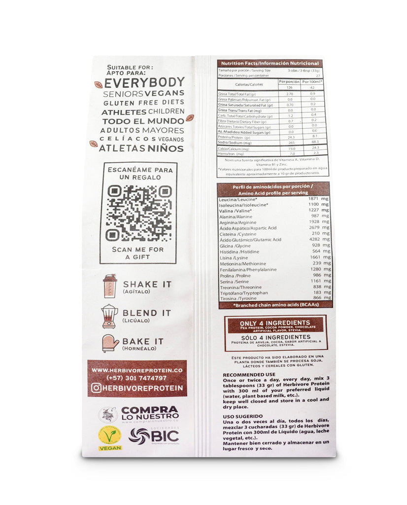 Proteína arveja chocolate Herbivore 907 gr