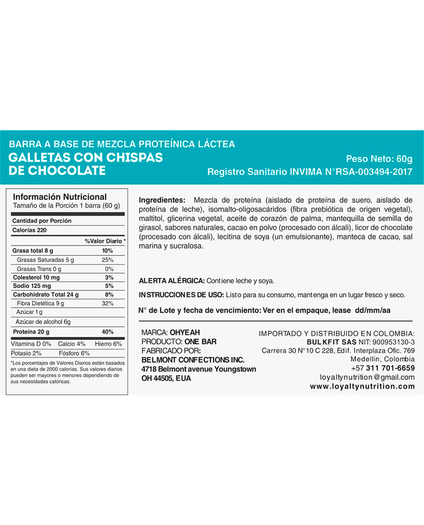 Barra de proteina chocolate chip cookie dough One 60 gr