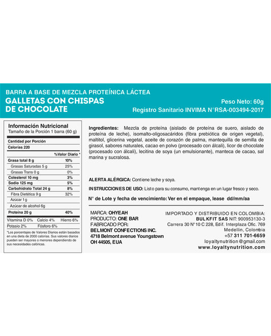 Barra de proteina chocolate chip cookie dough One 60 gr