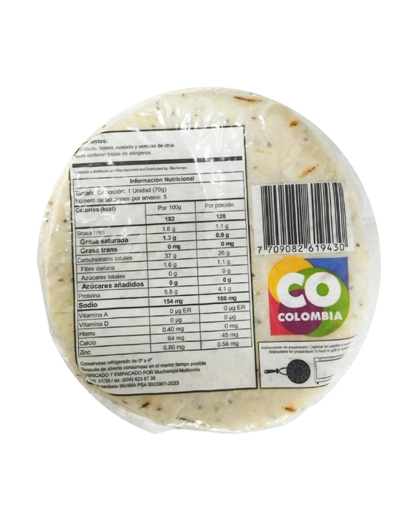 Arepa de maíz con cuajada y semillas de chía Moltovida 5 unds Sin Gluten