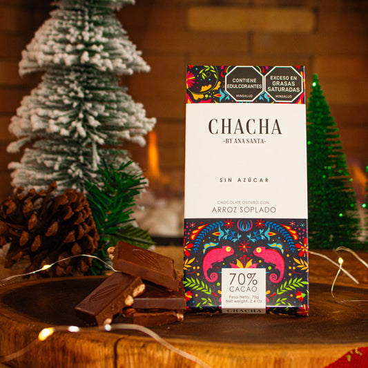 Chocolate oscuro arroz soplado 70% cacao "Chacha" 70 gr Sin Gluten