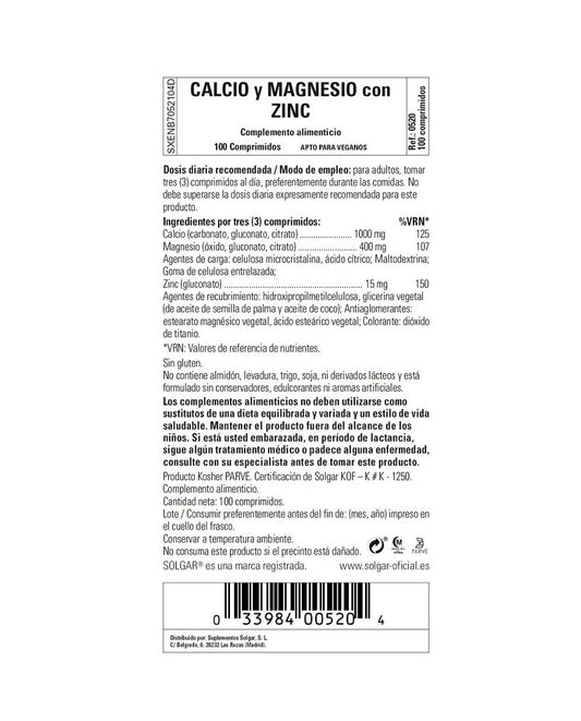 Calcium magnesium plus zinc Solgar 100 tabletas