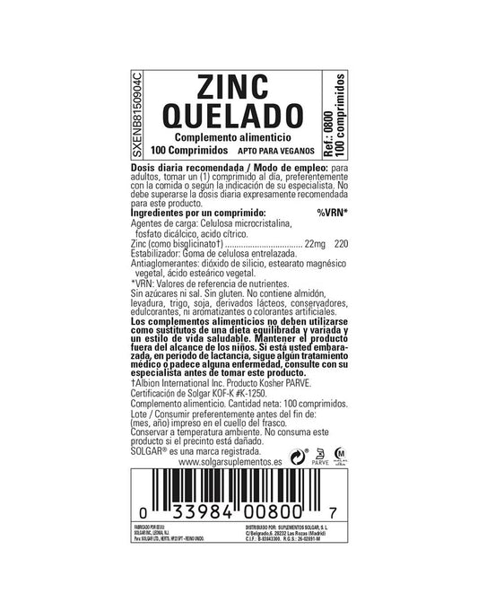 Chelated zinc Solgar 100 tabletas