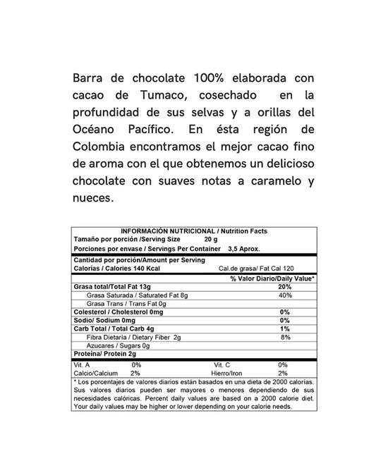 Chocolate oscuro extra dark 100% cacao Chacha 70 gr