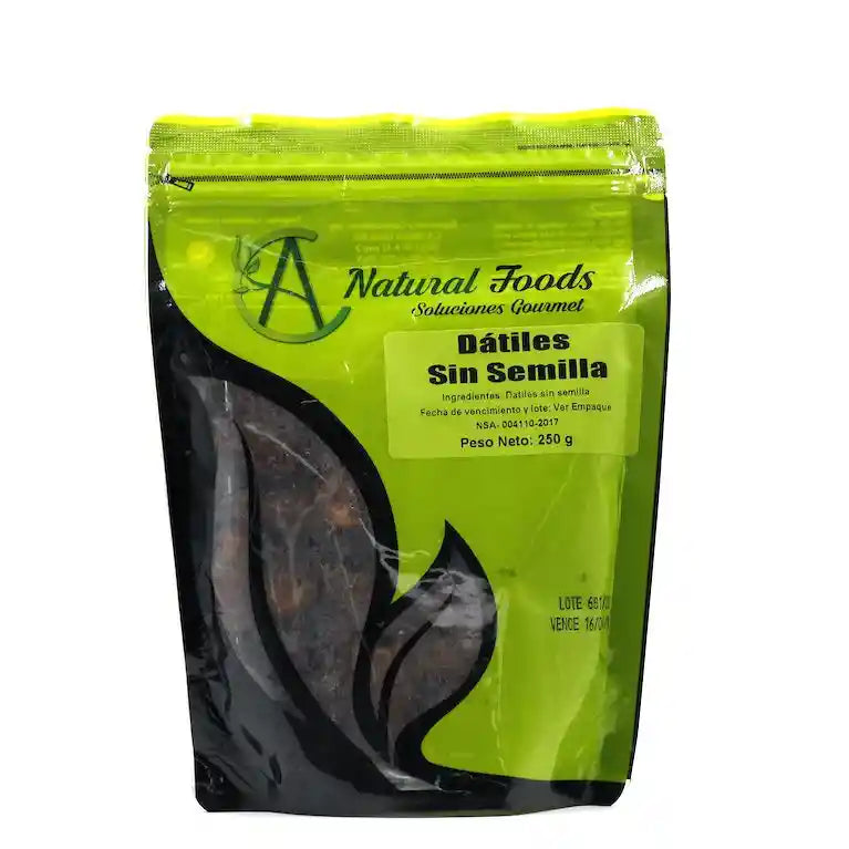 Dátiles sin semilla CA Natural Foods 250 g. Frutos dulces y de textura suave, perfectos para usar en repostería, batidos o como snack natural en cualquier momento del día.