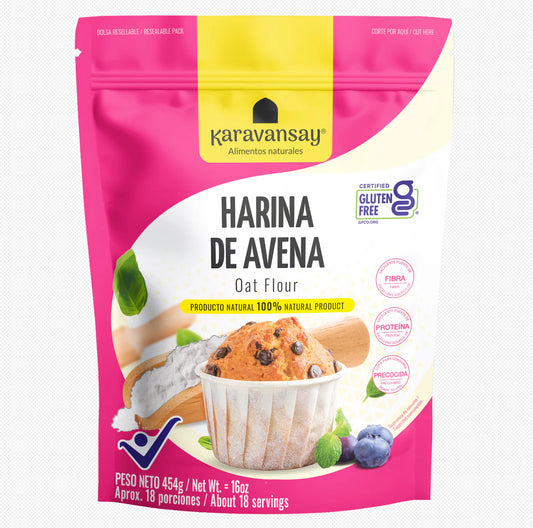 Harina de avena 100% natural de la marca Karavansay, presentación de 454 gramos. Ideal para uso en panadería, repostería y preparaciones caseras.