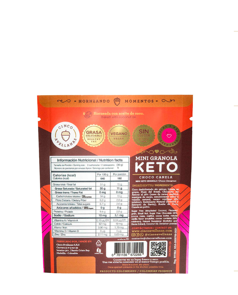 Granola keto choco canela "Cinco avellanas"